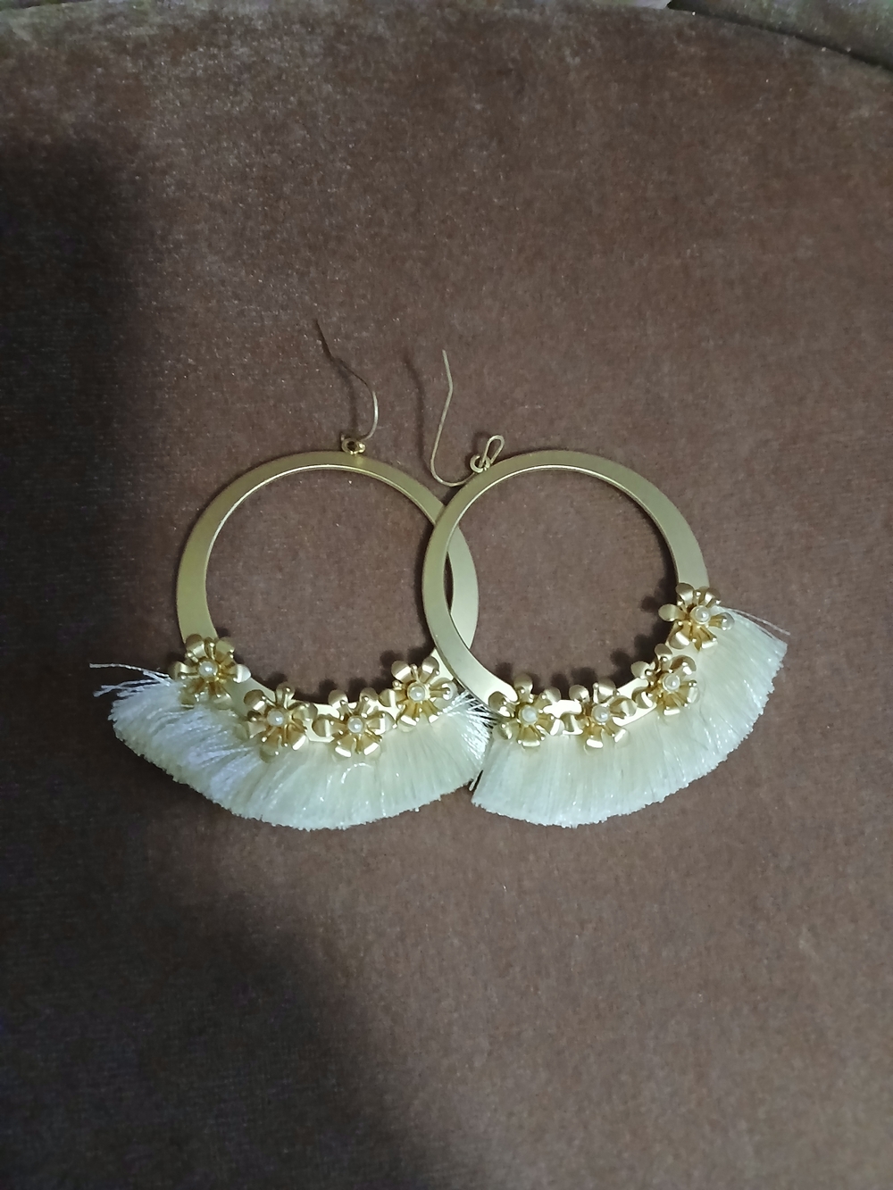 Gold Hoop Fringe Earrings with Cream Tassel and Floral Accents